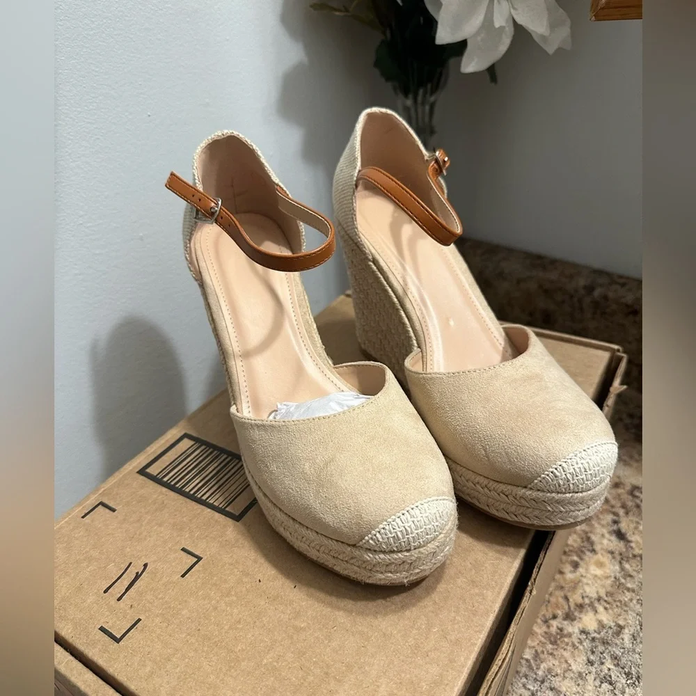 Women’s Beige Espadrille Wedge Sandals with Ankle Strap